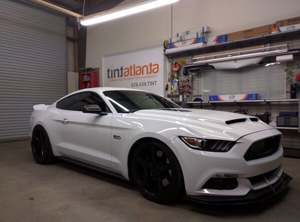 White Ford Mustang GT 5.0 with ceramic window tint installation at tintsaltlake Salt Lake City