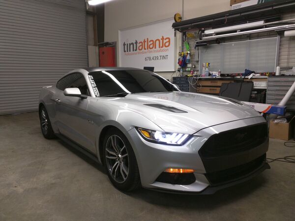 Silver Ford Mustang GT with dark ceramic window tint in Salt Lake City UT